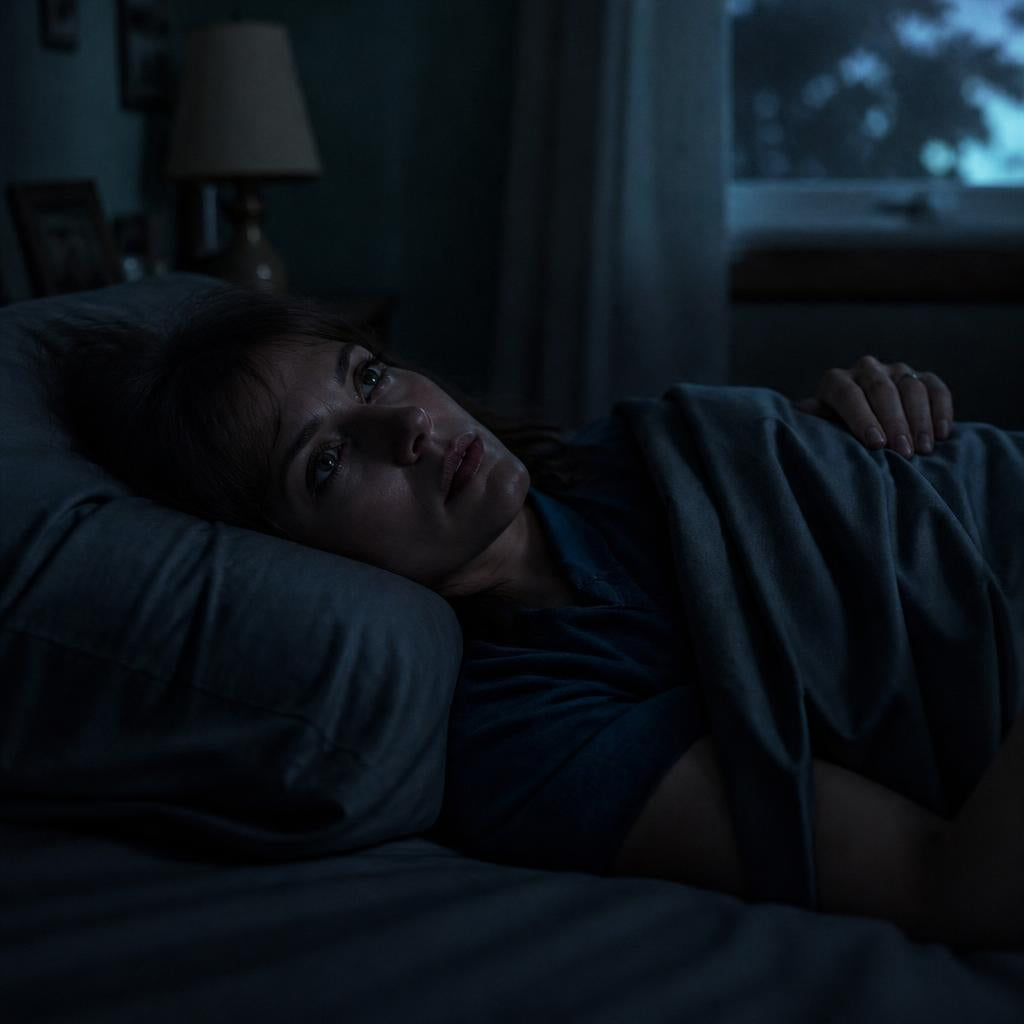 Vrouw ligt 's nachts wakker in bed met wekker die 1:34 toont