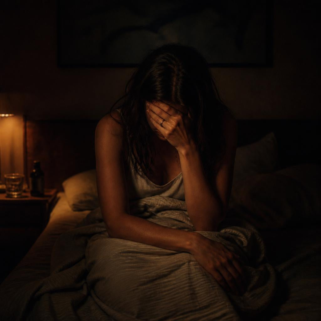 Vrouw zit om 2 uur 's nachts rechtop in bed met hand op haar voorhoofd