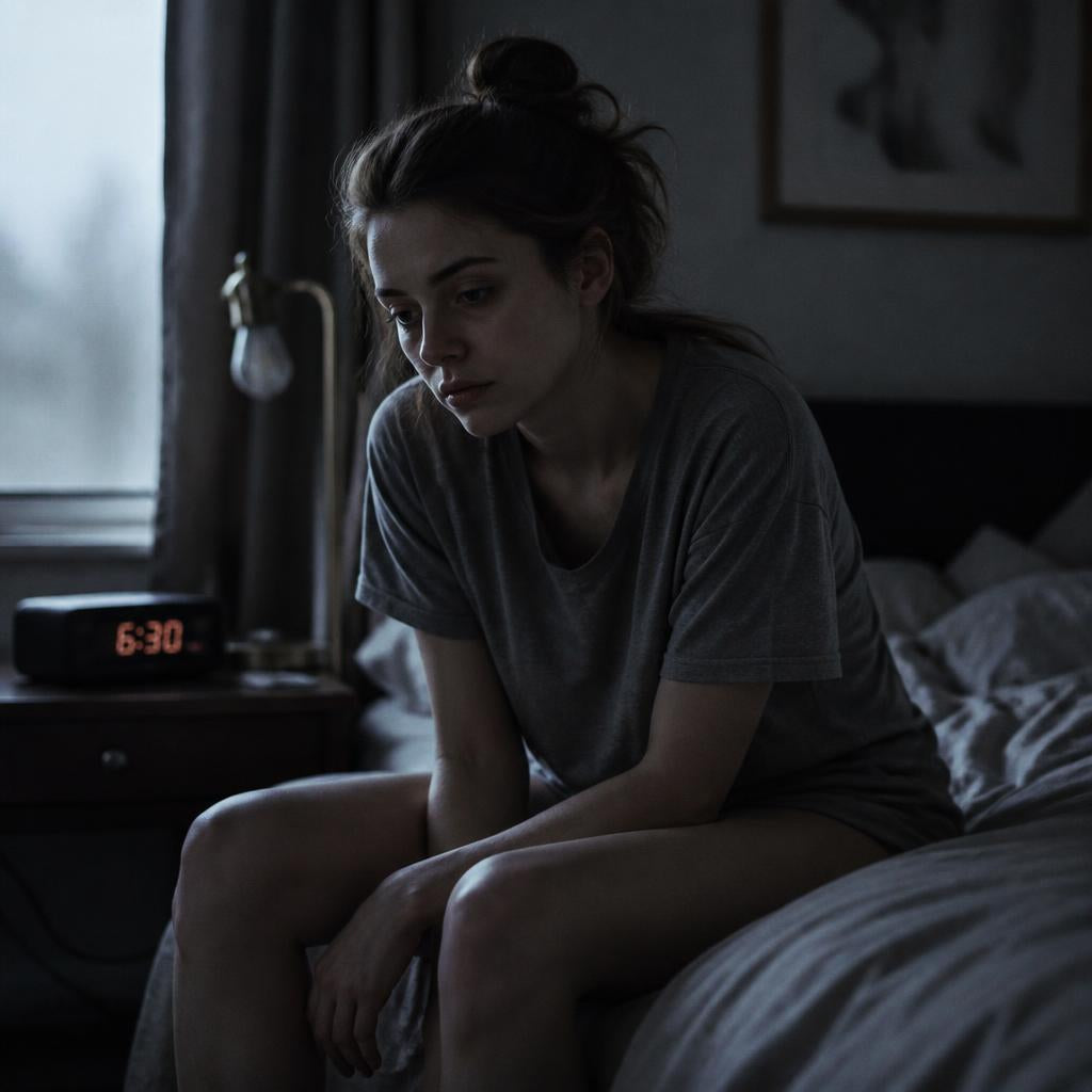 Uitgeputte vrouw zit 's ochtends op de rand van haar bed met handen voor haar gezicht