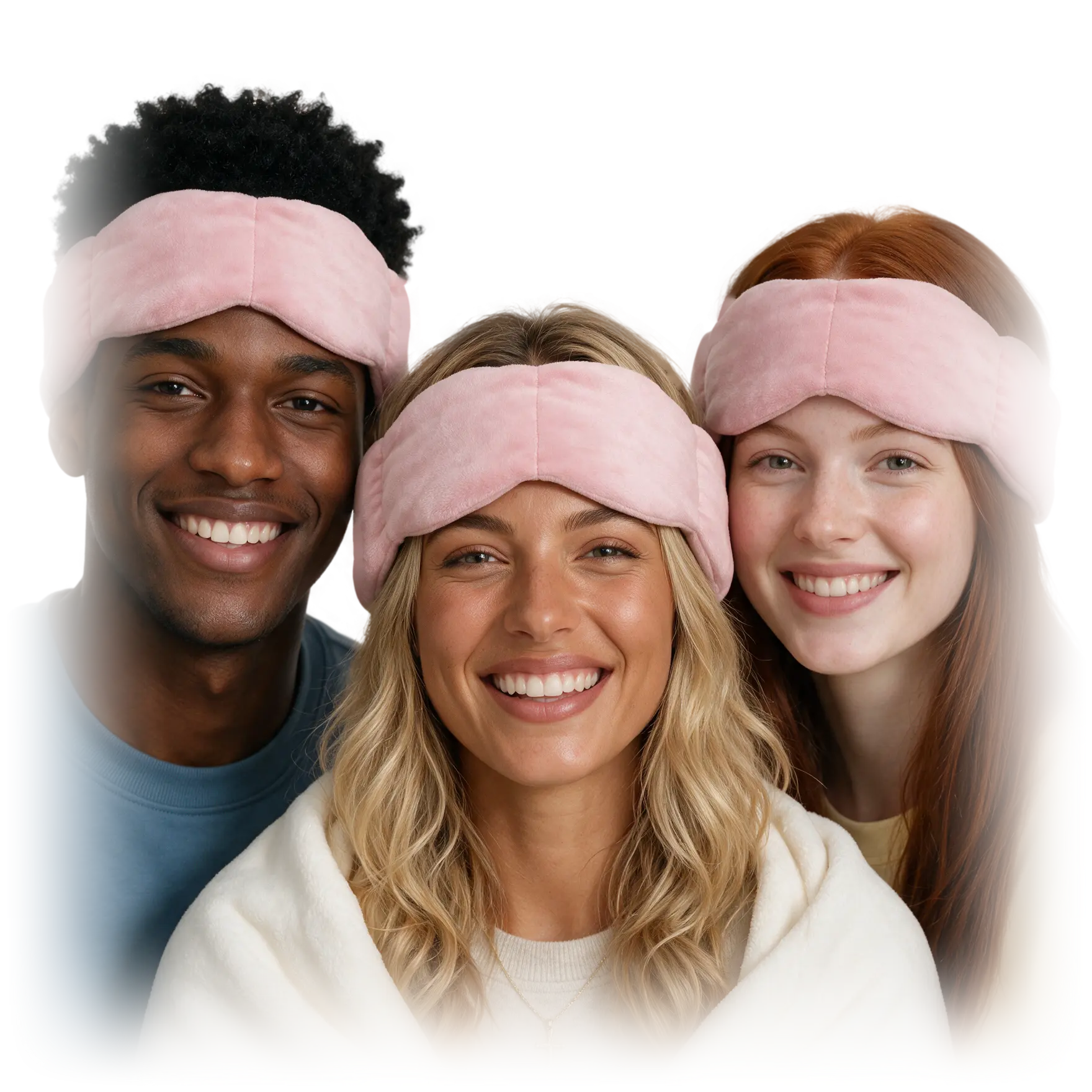 Drie mensen dragen het ValoureSleep verzwaarde slaapmasker